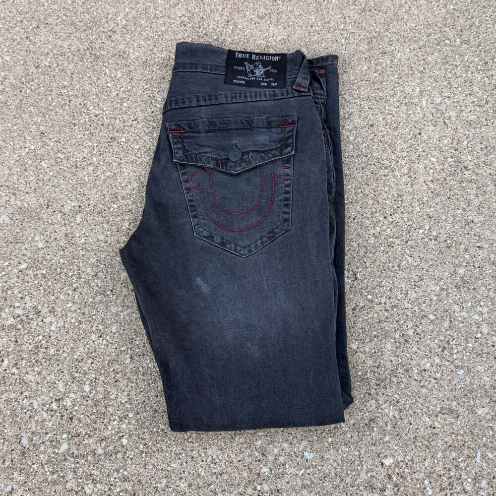 True Religion Ricky Relaxed Straight Leg Jeans with Red Stitching